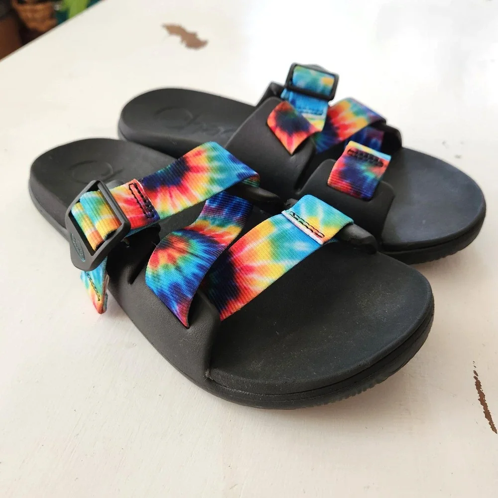Chacos Slides Rainbow Tie Dye Sandals Women's W8 Black‎ Comfort